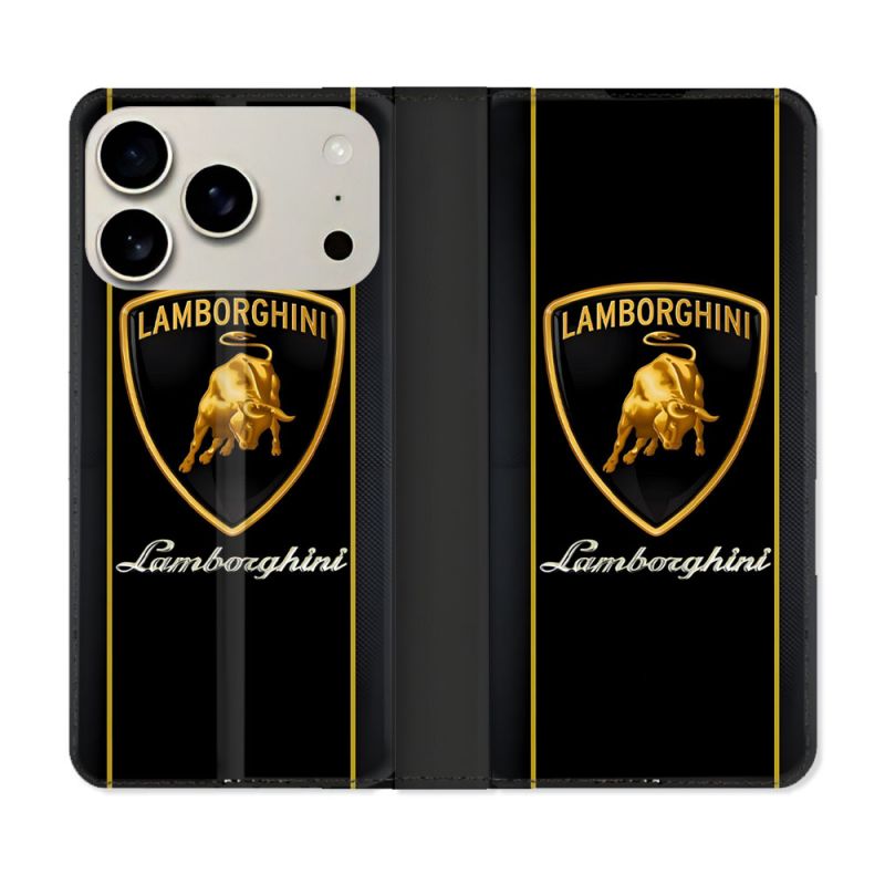 Housse cuir portefeuille Pour Iphone 17 Pro Lamborghini Carbone