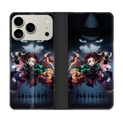 Housse cuir portefeuille Pour Iphone 17 Pro Manga Demon Slayer Noir