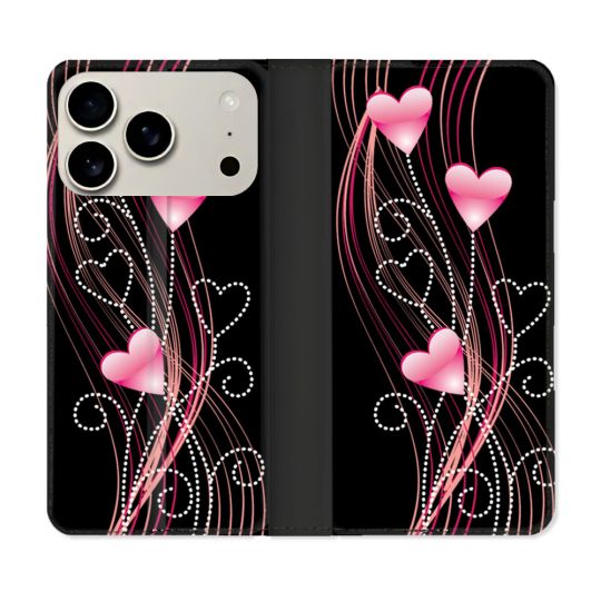 Housse cuir portefeuille Pour Iphone 17 Pro Max Amour Coeur Rose Montant sur Noir