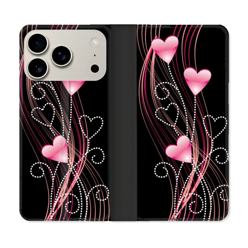 Housse cuir portefeuille Pour Iphone 17 Pro Max Amour Coeur Rose Montant sur Noir