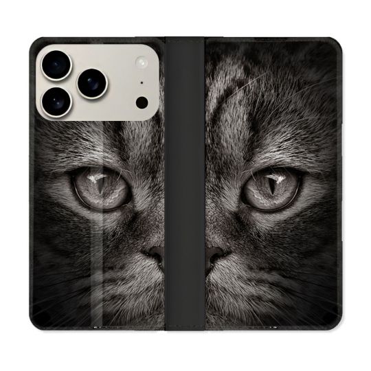 Housse cuir portefeuille Pour Iphone 17 Pro Max Animal Chat Gris