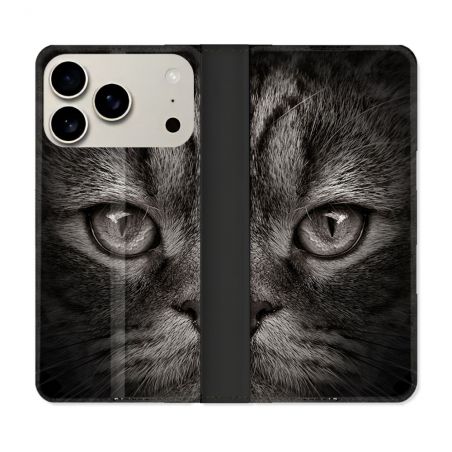 Housse cuir portefeuille Pour Iphone 17 Pro Max Animal Chat Gris