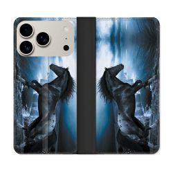 Housse cuir portefeuille Pour Iphone 17 Pro Max Animal Cheval Noir