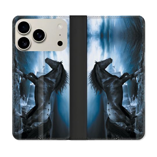 Housse cuir portefeuille Pour Iphone 17 Pro Max Animal Cheval Noir