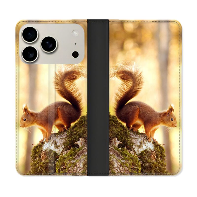 Housse cuir portefeuille Pour Iphone 17 Pro Max Animal Ecureuil Bois