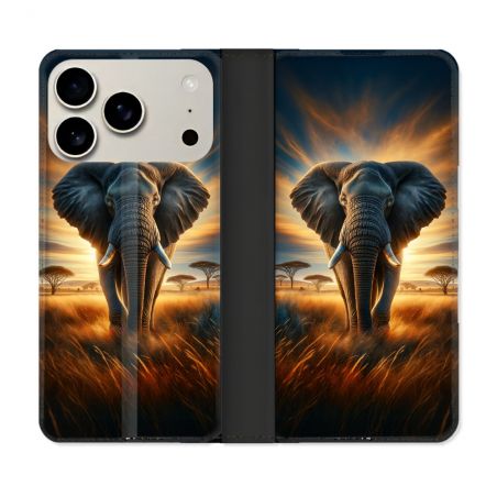 Housse cuir portefeuille Pour Iphone 17 Pro Max Animal Elephant Savane