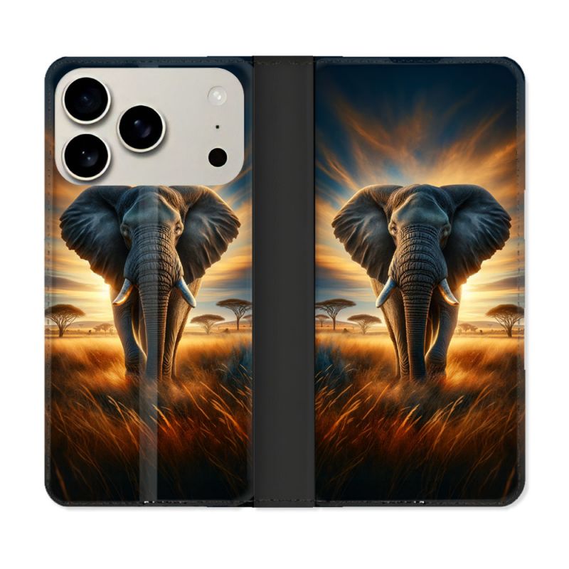 Housse cuir portefeuille Pour Iphone 17 Pro Max Animal Elephant Savane