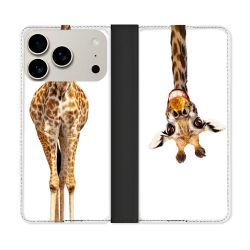 Housse cuir portefeuille Pour Iphone 17 Pro Max Animal Girafe Blanche