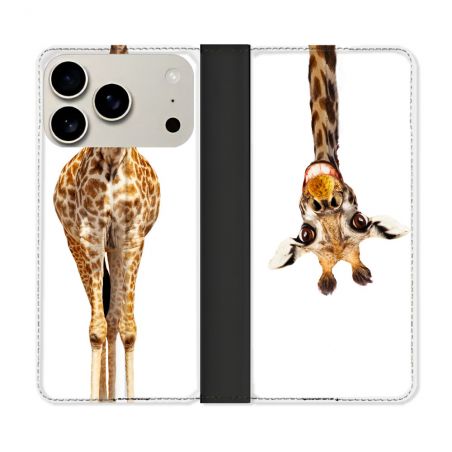 Housse cuir portefeuille Pour Iphone 17 Pro Max Animal Girafe Blanche