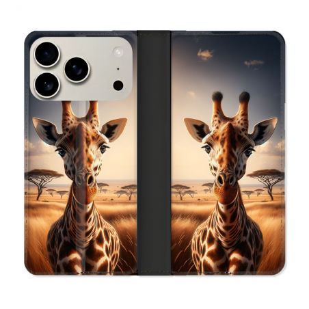 Housse cuir portefeuille Pour Iphone 17 Pro Max Animal Girafe Savane