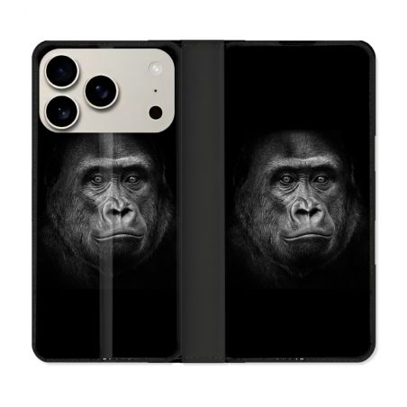 Housse cuir portefeuille Pour Iphone 17 Pro Max Animal Gorille Noir