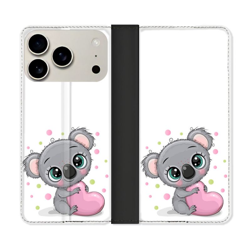 Housse cuir portefeuille Pour Iphone 17 Pro Max Animal Koala Cœur