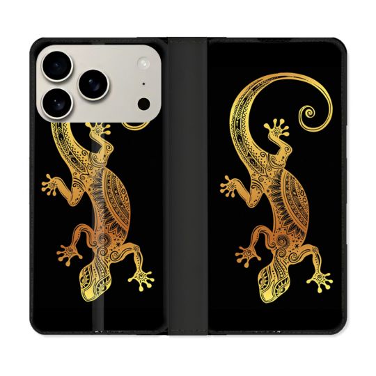 Housse cuir portefeuille Pour Iphone 17 Pro Max Animal Lezard Noir