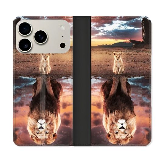 Housse cuir portefeuille Pour Iphone 17 Pro Max Animal Lion Reflet