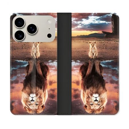 Housse cuir portefeuille Pour Iphone 17 Pro Max Animal Lion Reflet