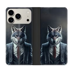 Housse cuir portefeuille Pour Iphone 17 Pro Max Animal Loup Business