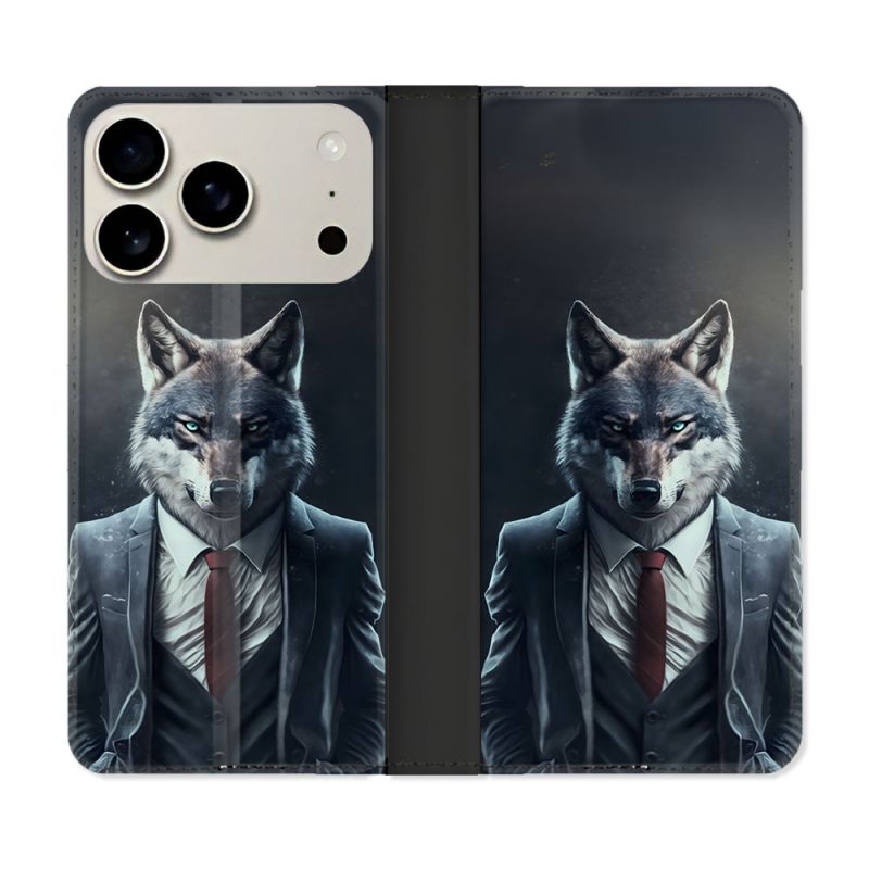 Housse cuir portefeuille Pour Iphone 17 Pro Max Animal Loup Business