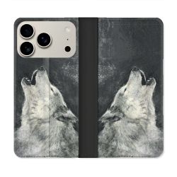 Housse cuir portefeuille Pour Iphone 17 Pro Max Animal Loup Hurlement