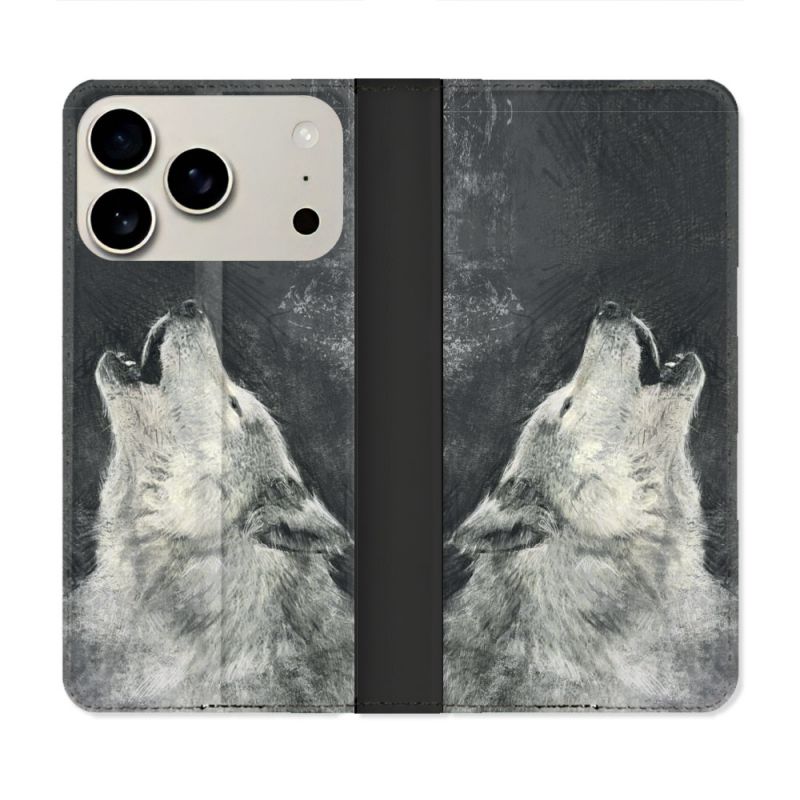 Housse cuir portefeuille Pour Iphone 17 Pro Max Animal Loup Hurlement