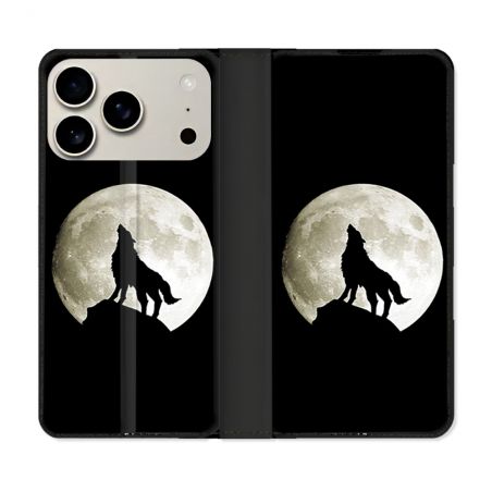 Housse cuir portefeuille Pour Iphone 17 Pro Max Animal Loup Noir