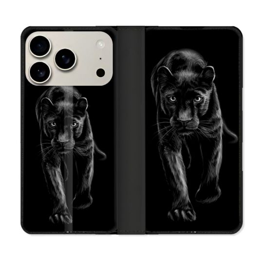 Housse cuir portefeuille Pour Iphone 17 Pro Max Animal Panthère Noire
