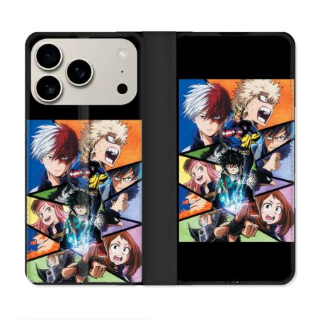 Housse cuir portefeuille Pour Iphone 17 Pro Manga My Hero Academia Noir