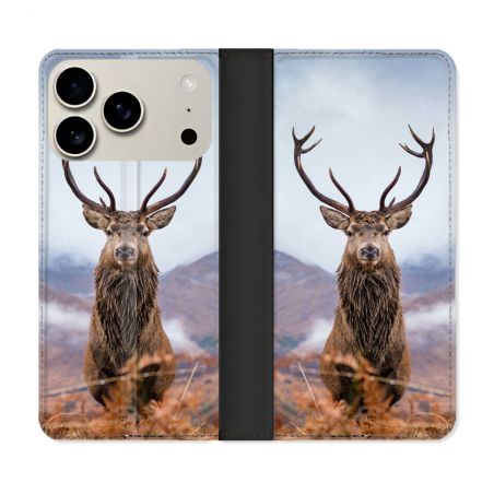 Housse cuir portefeuille Pour Iphone 17 Pro Max Chasse Chevreuil Montagne