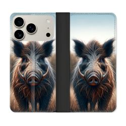 Housse cuir portefeuille Pour Iphone 17 Pro Max Chasse Sanglier Attaque