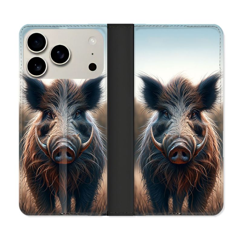 Housse cuir portefeuille Pour Iphone 17 Pro Max Chasse Sanglier Attaque