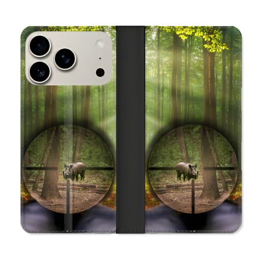 Housse cuir portefeuille Pour Iphone 17 Pro Max Chasse Sanglier Viseur
