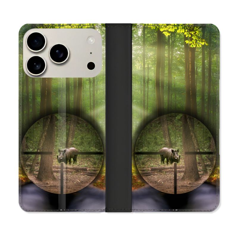 Housse cuir portefeuille Pour Iphone 17 Pro Max Chasse Sanglier Viseur