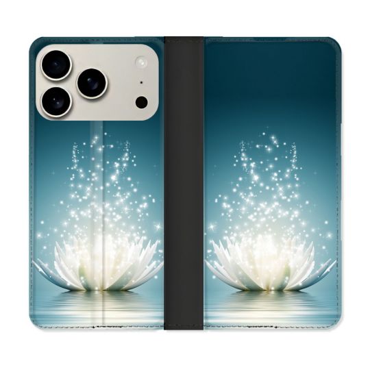 Housse cuir portefeuille Pour Iphone 17 Pro Max Fleur Lotus Blanc