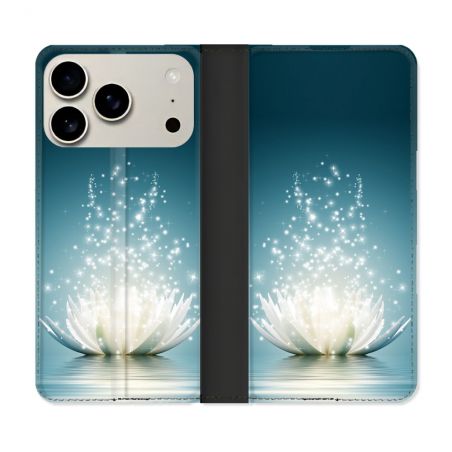 Housse cuir portefeuille Pour Iphone 17 Pro Max Fleur Lotus Blanc