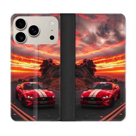 Housse cuir portefeuille Pour Iphone 17 Pro Max Ford Mustang GT500 Rouge