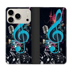 Housse cuir portefeuille Pour Iphone 17 Pro Musique Cle Sol Bleu