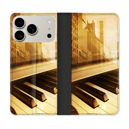 Housse cuir portefeuille Pour Iphone 17 Pro Musique Piano Retro