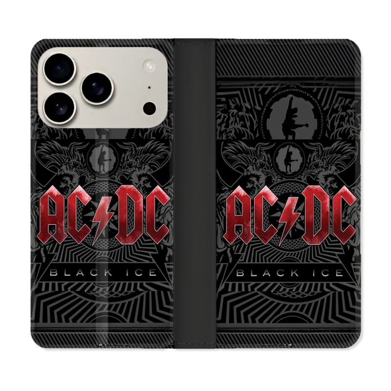 Housse cuir portefeuille Pour Iphone 17 Pro Musique Rock ACDC Rouge