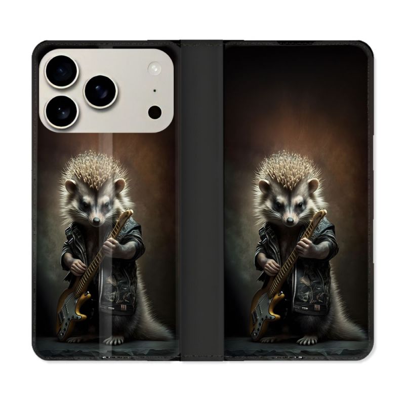 Housse cuir portefeuille Pour Iphone 17 Pro Musique Rock Herisson