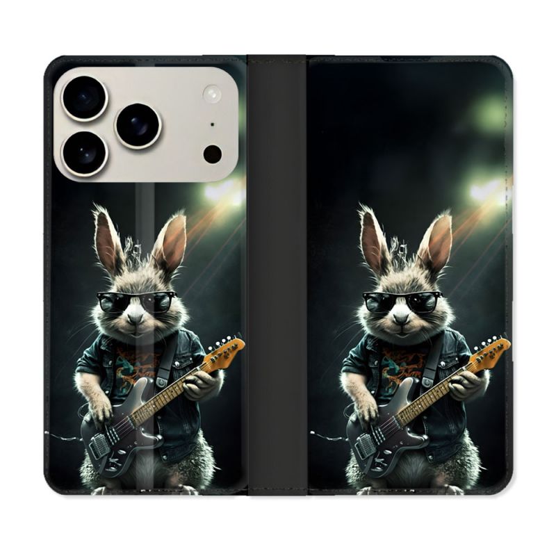 Housse cuir portefeuille Pour Iphone 17 Pro Musique Rock Lapin