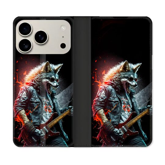 Housse cuir portefeuille Pour Iphone 17 Pro Musique Rock Loup