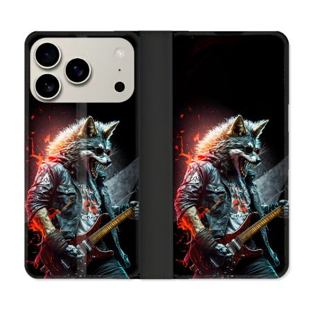Housse cuir portefeuille Pour Iphone 17 Pro Musique Rock Loup