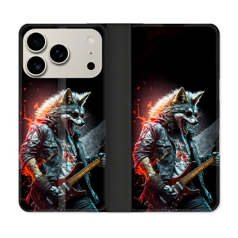 Housse cuir portefeuille Pour Iphone 17 Pro Musique Rock Loup