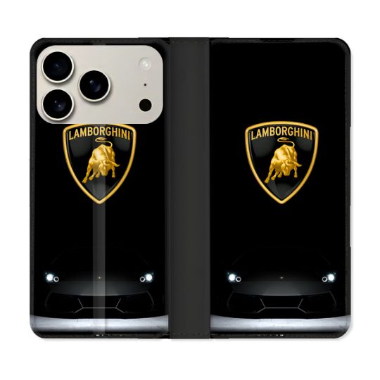 Housse cuir portefeuille Pour Iphone 17 Pro Max Lamborghini Noir