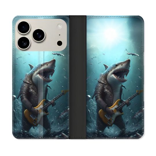 Housse cuir portefeuille Pour Iphone 17 Pro Musique Rock Requin