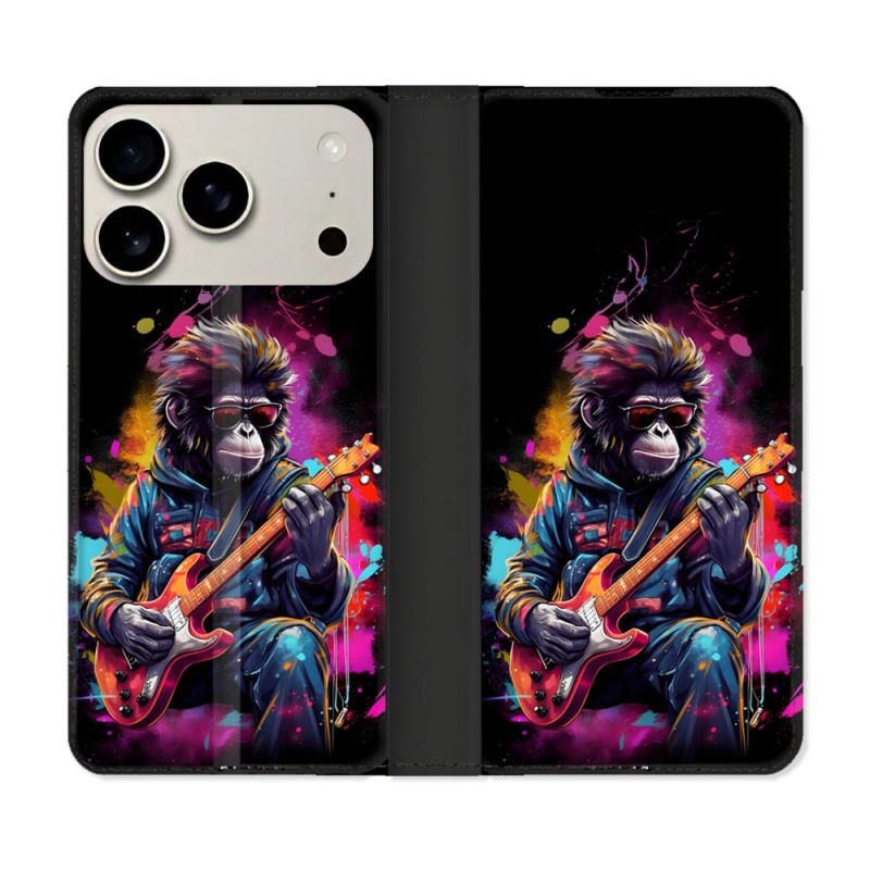 Housse cuir portefeuille Pour Iphone 17 Pro Musique Rock Singe