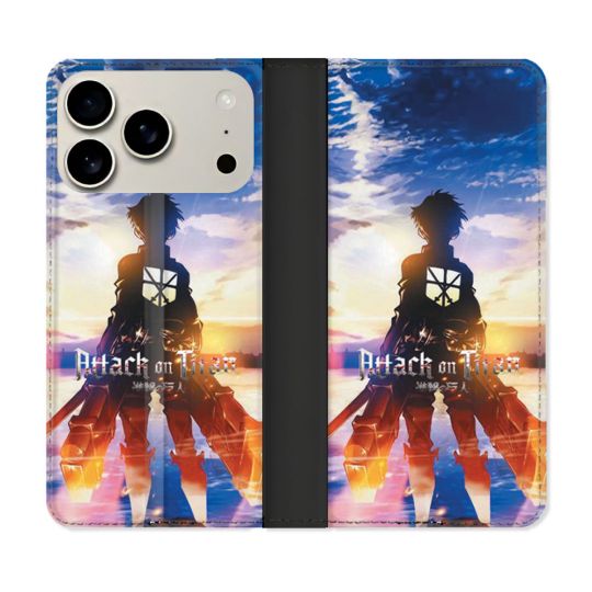 Housse cuir portefeuille Pour Iphone 17 Pro Max Manga Attaque Titans Soleil