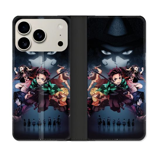Housse cuir portefeuille Pour Iphone 17 Pro Max Manga Demon Slayer Noir