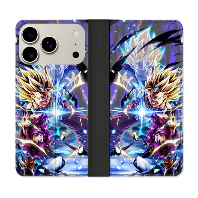 Housse cuir portefeuille Pour Iphone 17 Pro Max Manga Dragon Ball Sangohan Duo
