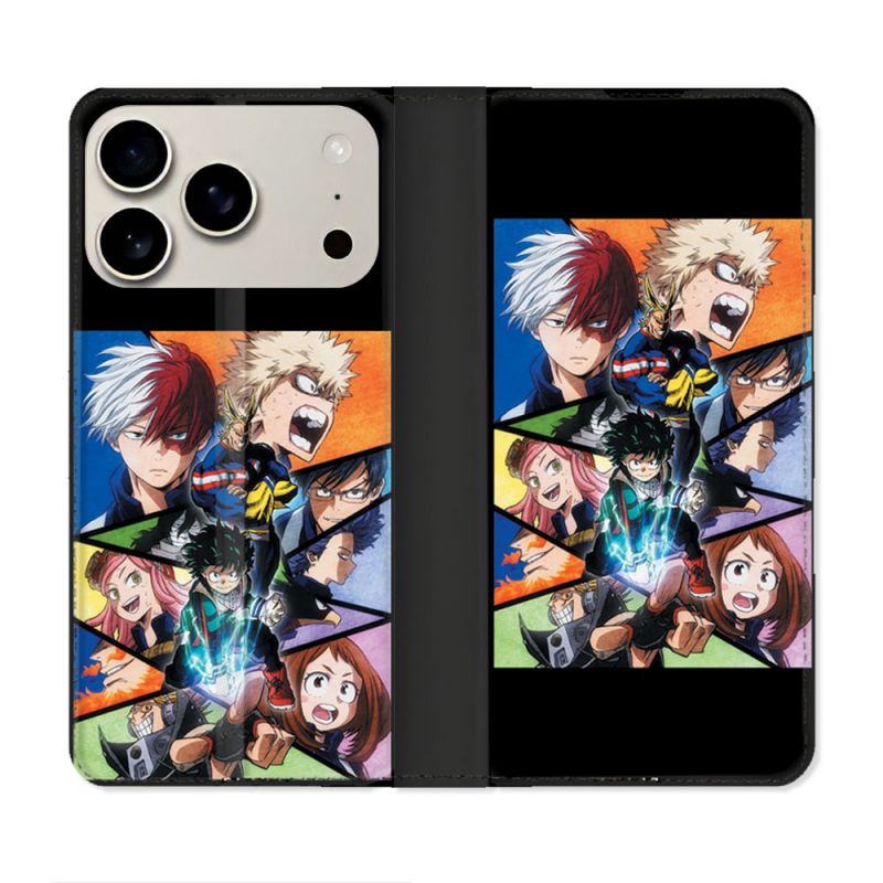 Housse cuir portefeuille Pour Iphone 17 Pro Max Manga My Hero Academia Noir