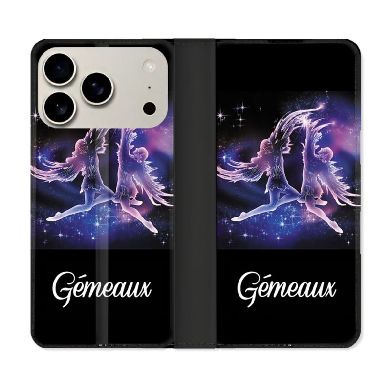 Housse cuir portefeuille Pour Iphone 17 Pro Signe Zodiaque 2 Gémeaux